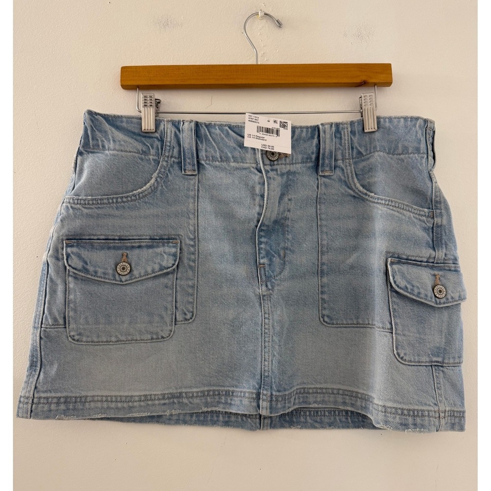 American Eagle Low Rise A-Line Mini Cargo Denim Skirt Light Wash Womens 14 NWT
